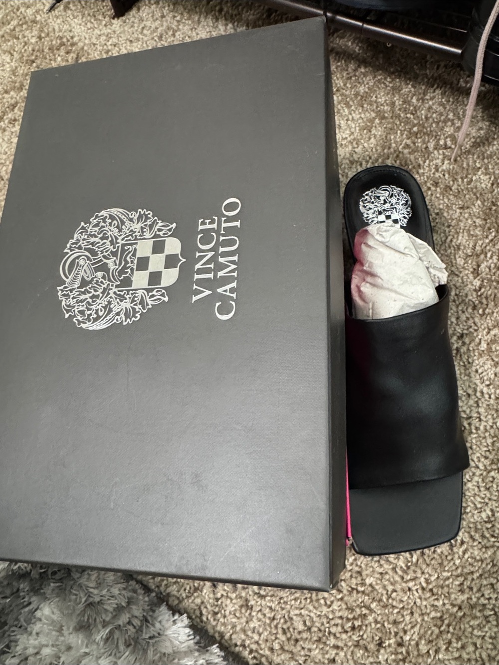 Vince Camuto Black Leather Slide Sandal with Pink Accent
